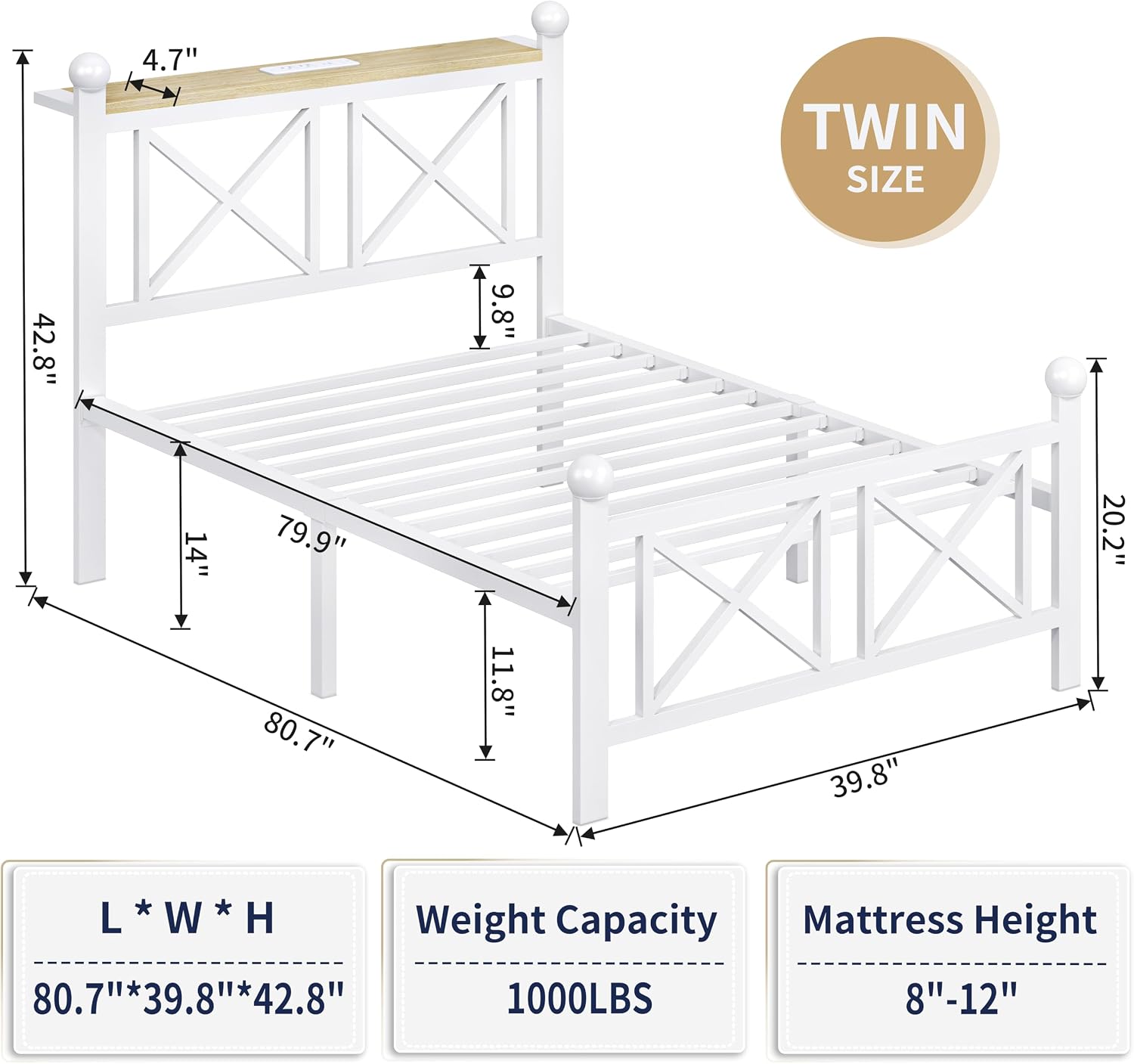 ChicZhiNest Twin Size Bed Frame with Charging Station and LED Lights, Metal Platform Bed with Wood Headboard and Storage Shelf, Underbed Storage, No Box Spring Needed, White