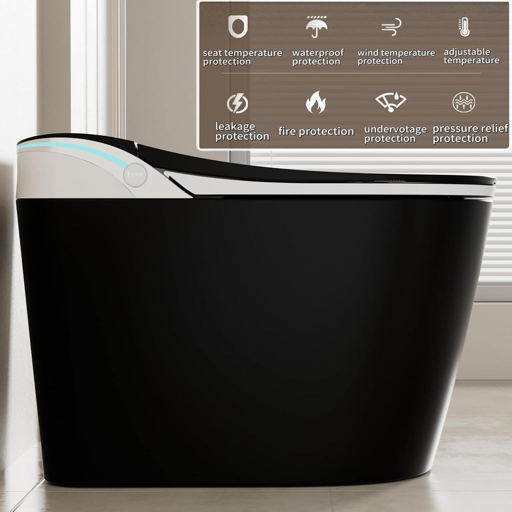 Smart Toilet with Heated Seat & Auto Flush - Bidet, Warm Air Dryer, Night Light, Auto Open/Close Lid, Soft Close Matte Black and White .(Elongated)