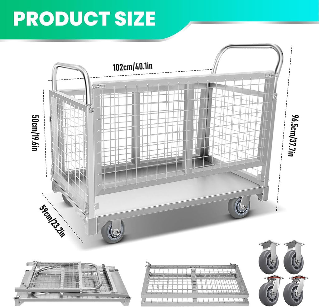 4-in-1 Platform Truck Cart with Cage, Multi-Functional Push Dolly Heavy Duty Flatbed Cart, 2200LBS Capacity Utility Cart for Grocery, Garage