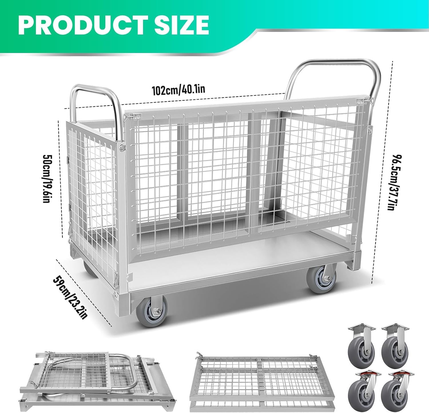 4-in-1 Platform Truck Cart with Cage, Multi-Functional Push Dolly Heavy Duty Flatbed Cart, 2200LBS Capacity Utility Cart for Grocery, Garage