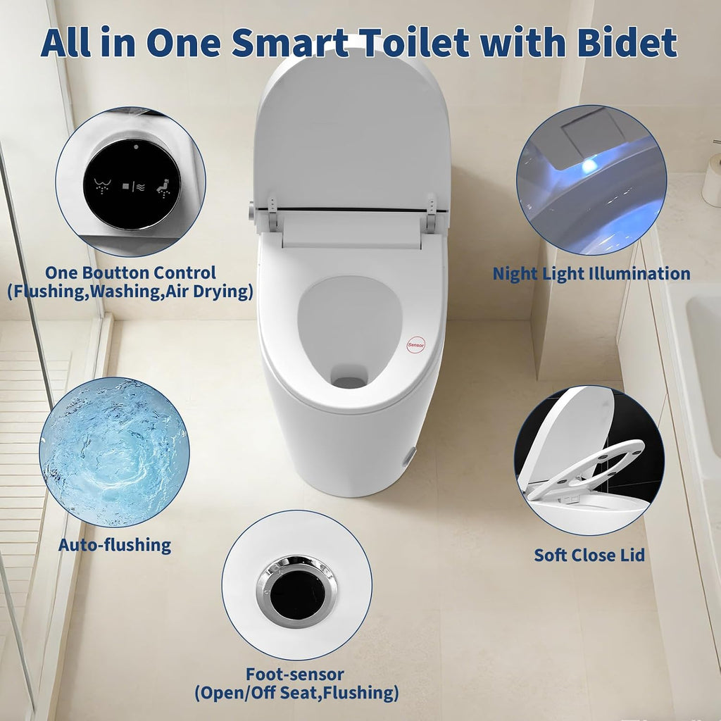 Electric One-Piece Toilet with Bidet Built in, Auto Open/Close Lid/Flush, Night Light, w/Remote, 1 Boutton Control