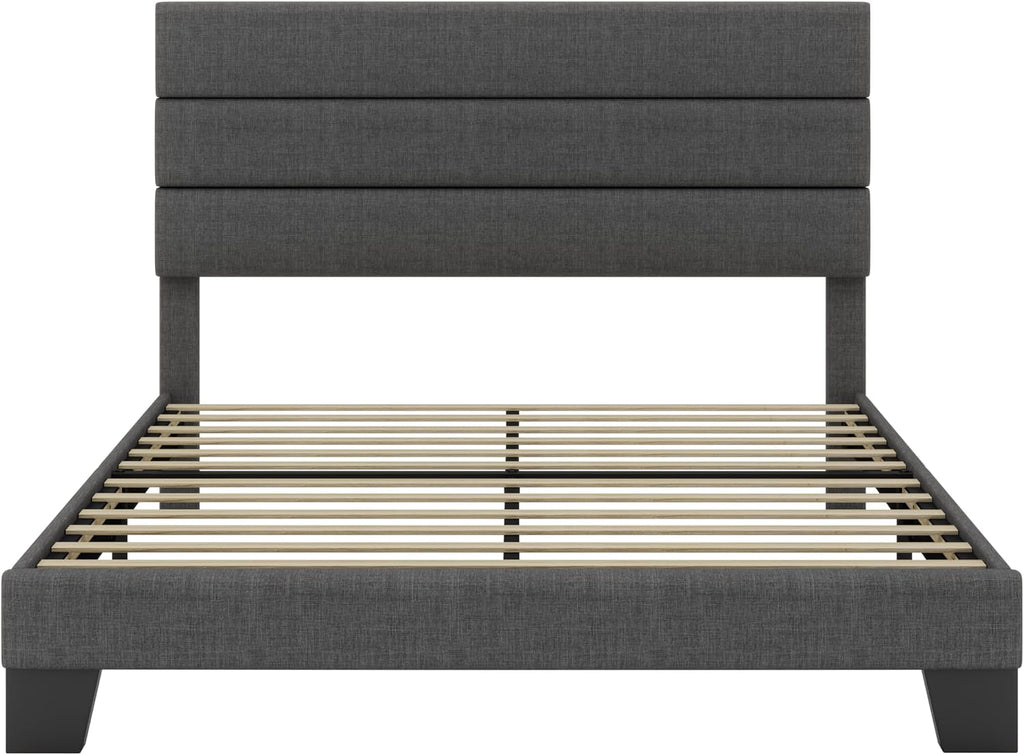 SHA CERLIN Full Platform Bed Frame with Upholstered Fabric Headboard, Mattress Foundation with Strong Wooden Slats Support, No Box Spring Needed, Grey