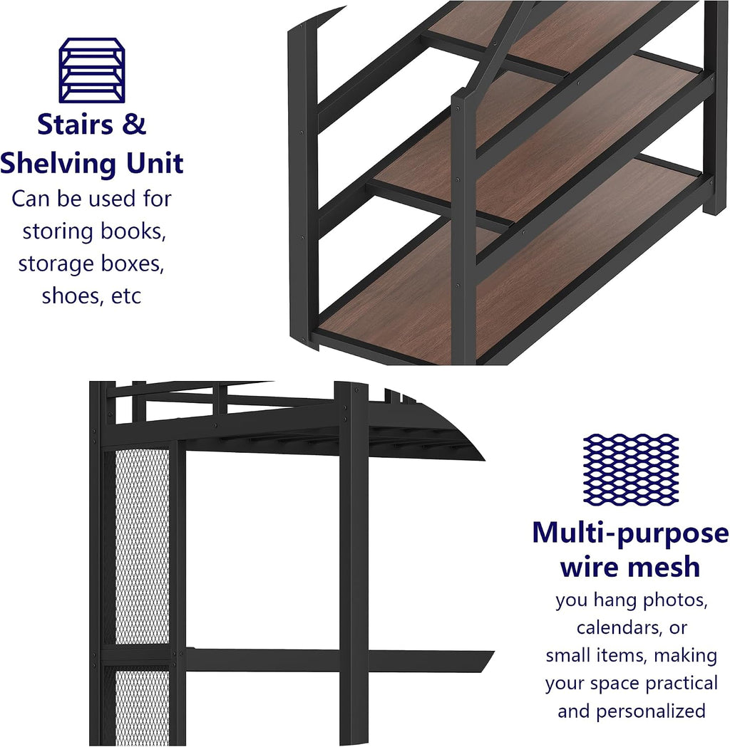 Bellemave Twin XL Loft Bed with Desk & Storage Stairs, Metal Twin XL Loft Bed Frame with Iron Nets, LED Lights & USB Ports, Heavy Duty Adult Loft Beds for Kids, Teens, Adults, Noise-Free, Black
