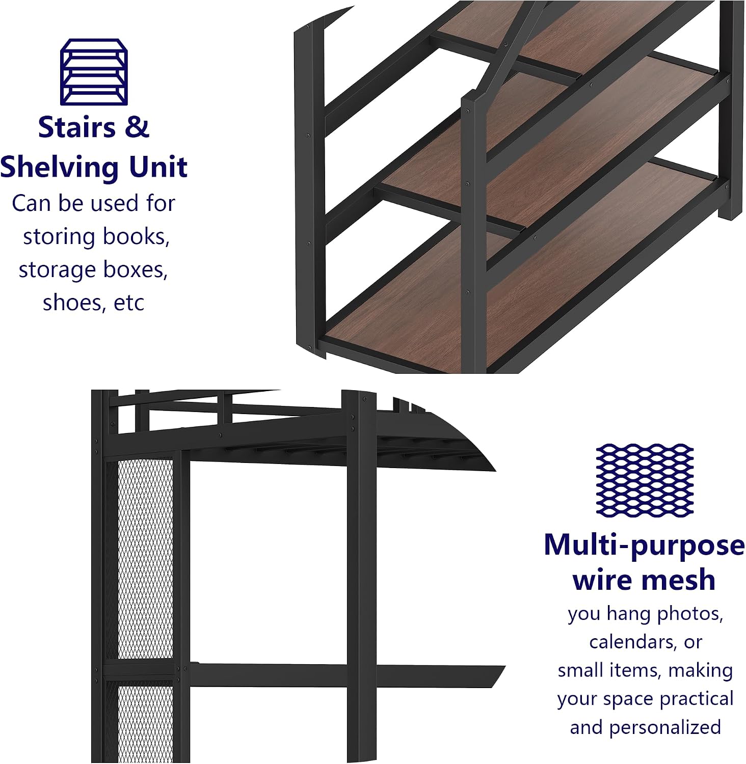 Bellemave Twin XL Loft Bed with Desk & Storage Stairs, Metal Twin XL Loft Bed Frame with Iron Nets, LED Lights & USB Ports, Heavy Duty Adult Loft Beds for Kids, Teens, Adults, Noise-Free, Black