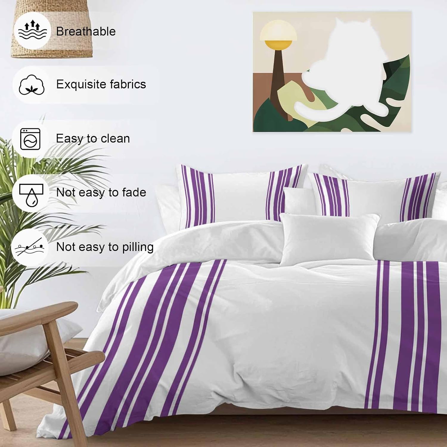 Dark Purple and White Striped Duvet Cover Set Queen Size 4 Pieces Modern Minimalist Vertical Lines Bedding Set with Zipper Closure, 1 Comforter Cover 92x106 Inches 1 Flat Sheet & 2 Pillow Cases