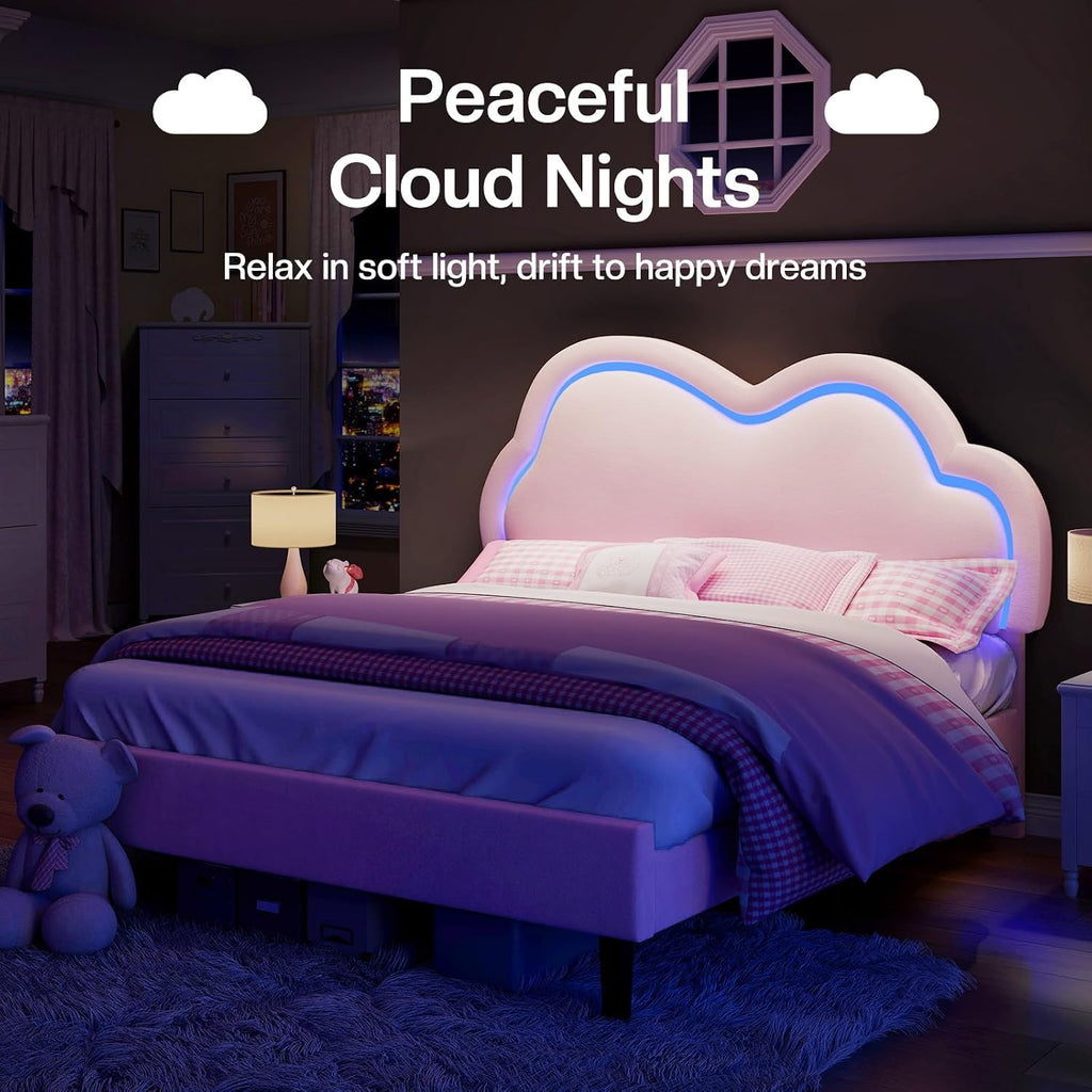Jocisland Twin Bed Frame for Girls with Adjustable Cloud Headboard, Velvet Upholstered & RGB Lights, 7.1' Underbed Storage, No Box Spring Needed, Pink | Cloud Shape Design