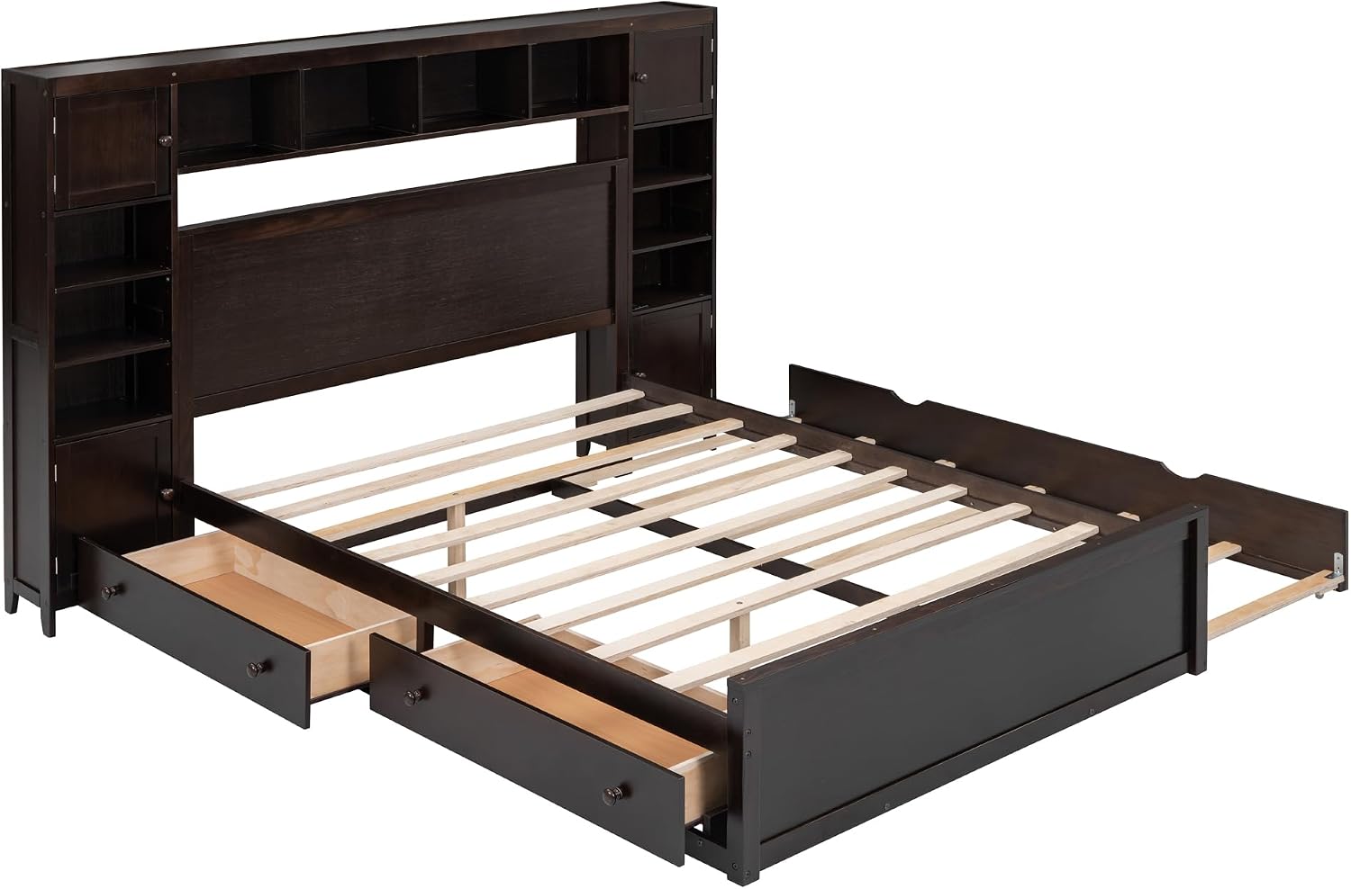 MERITLINE Queen Platform Bed with Storage Headboard,Trundle and Drawers,Solid Wood Queen Bed Frame with Charging Station and Storage for Adults(Espresso)