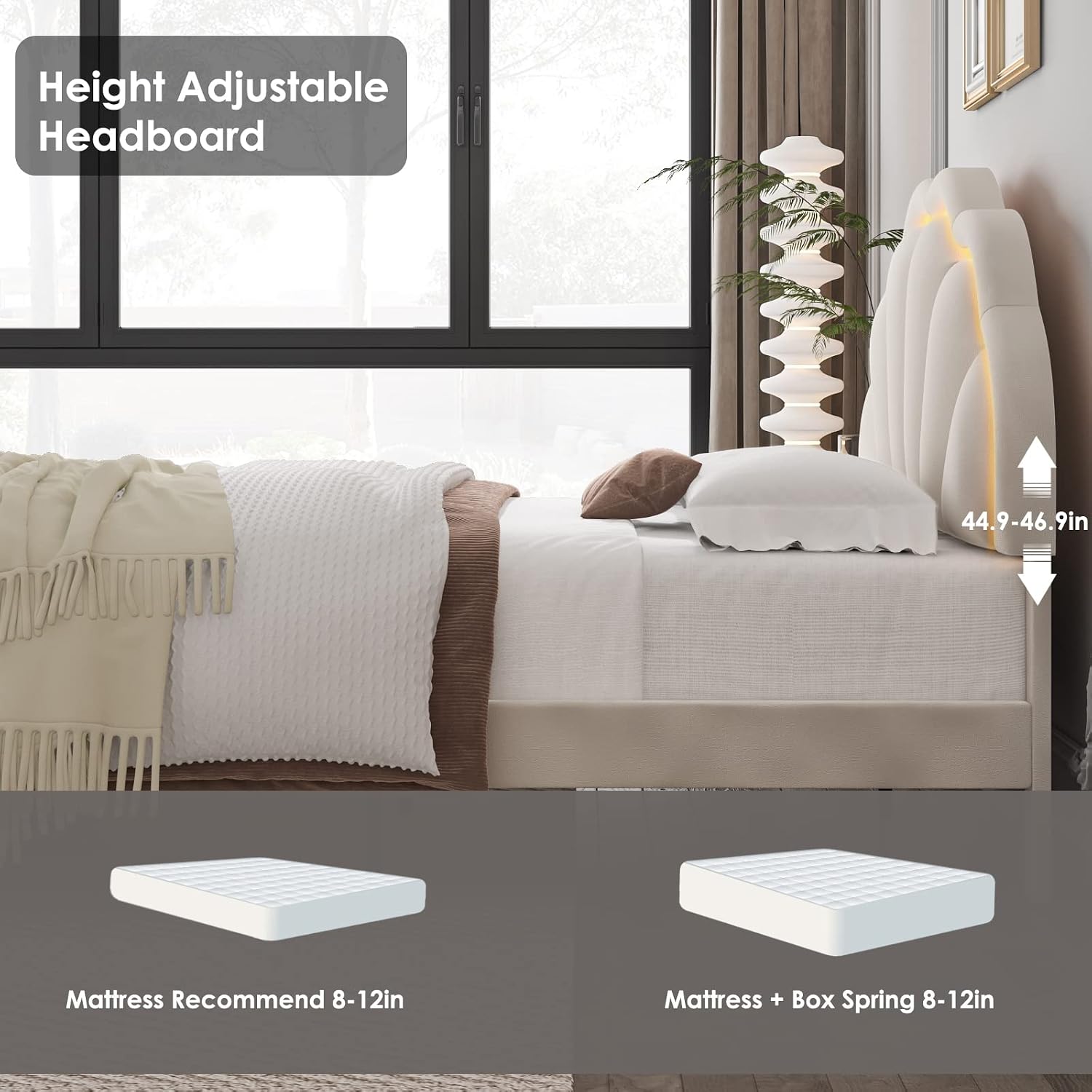 HIFIT Full Upholstered Smart LED Bed Frame with Adjustable Chic Petal Headboard, Princess Full Size Platform Bed Frames for Kids/Girls, Wooden Slats Support, No Box Spring Needed, Easy Assembly, Beige