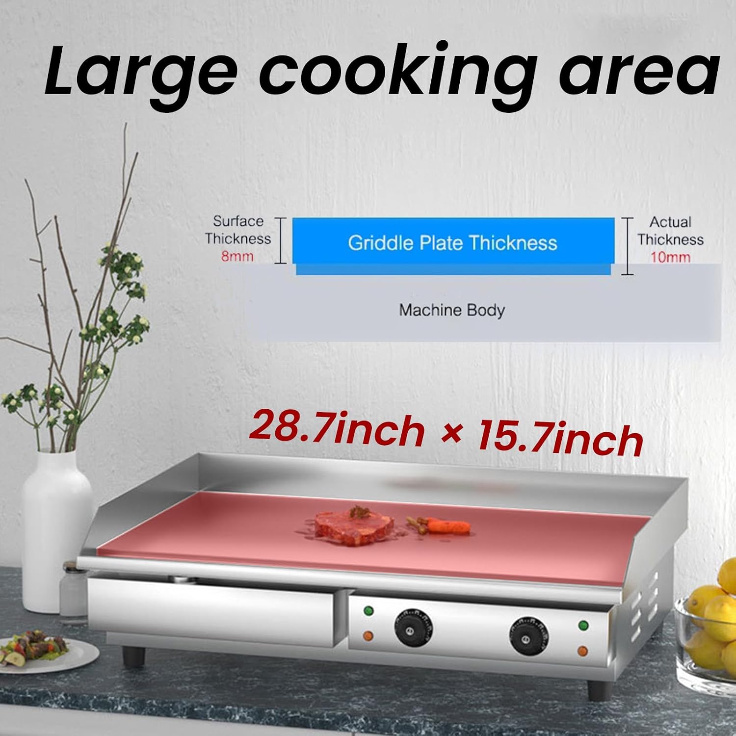Commercial Electric Griddle 29 Inch Large Countertop Griddle Non-Stick Flat Top Grill Stainless Steel Pancake Griddle with Adjustable Temperature 122°F-572°F