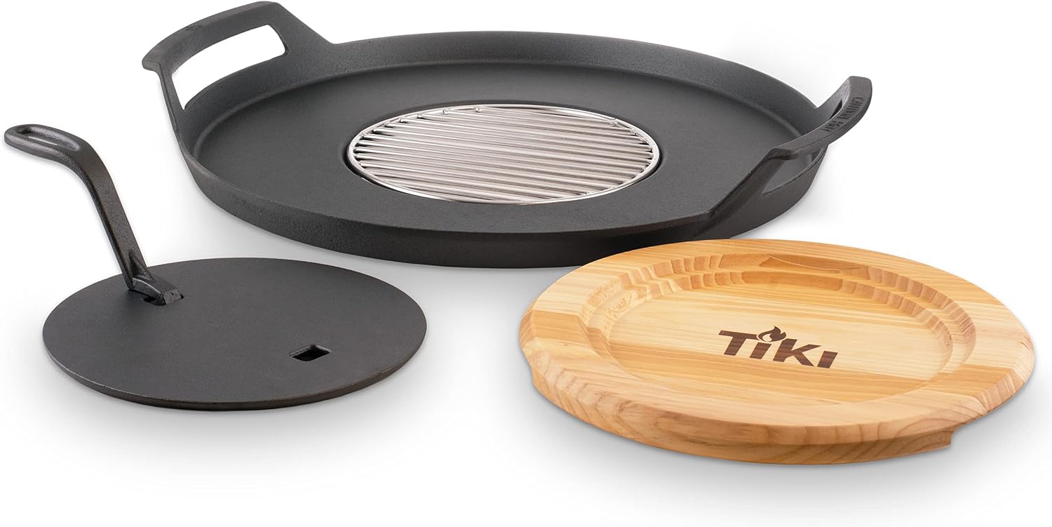 TIKI Fire Pit Griddle & Grill Combo – Cast Iron Cooking Surface for 16'-21' Smokeless Fire Pits – Outdoor BBQ Griddle for Camping & Patio – Includes Trivet & Heat-Resistant Gloves, Black