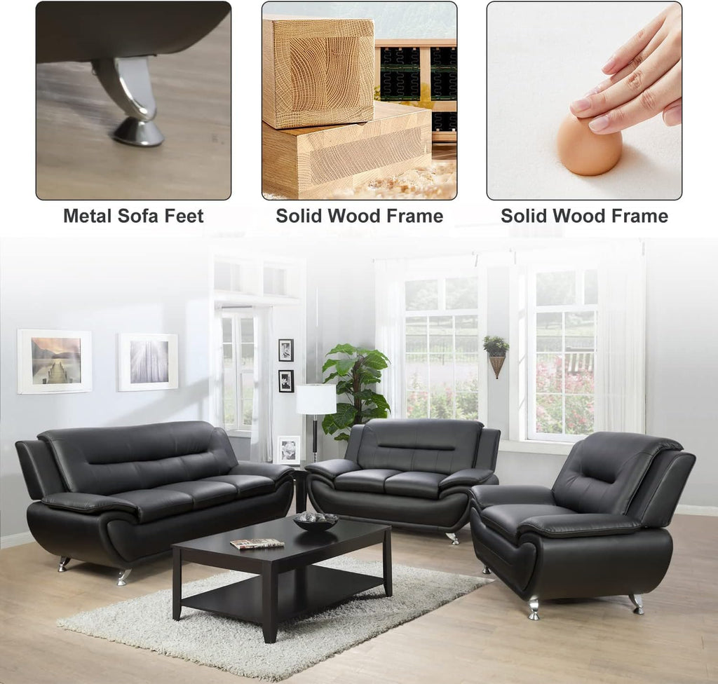 Contemporary Living Room Furniture Set, Faux Leather Sofa Set for Living Room/House/Bedroom/Office/Apartment (Black-B, Full Set(3PCS)), F45&F46