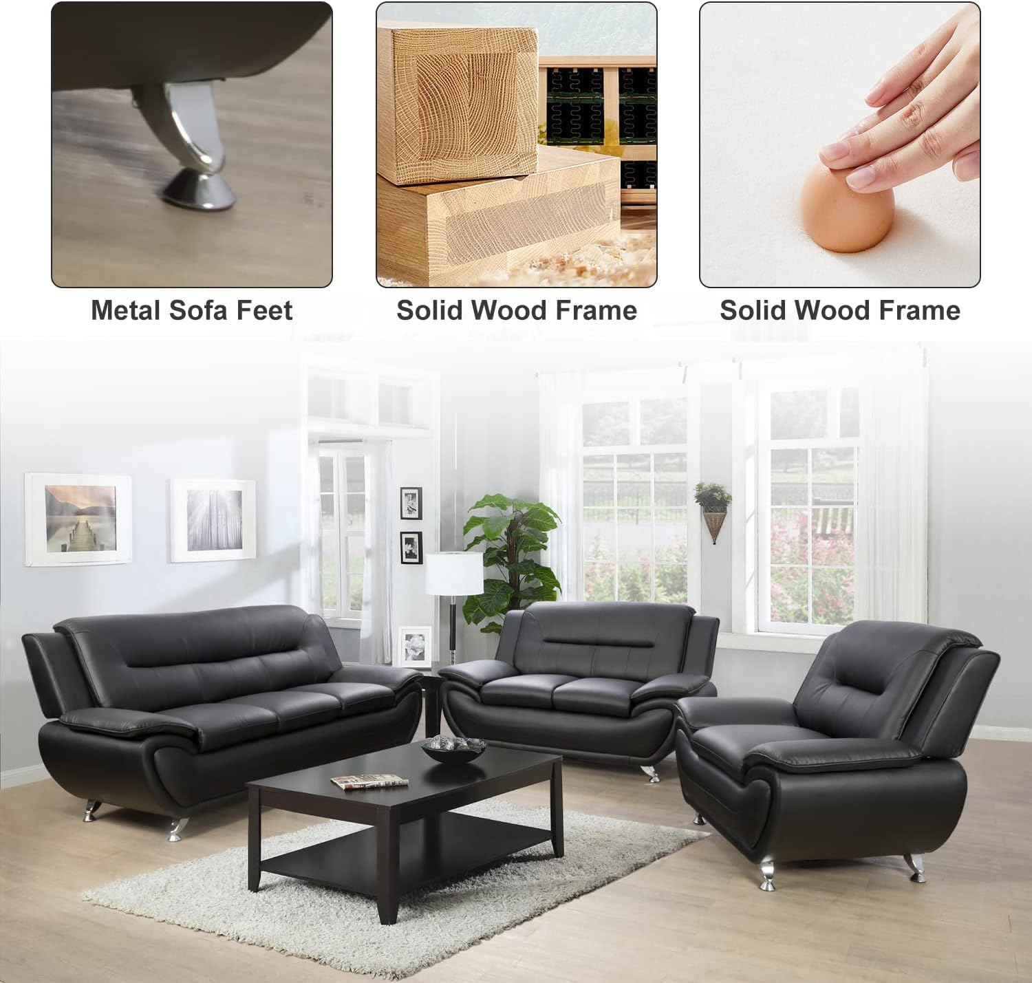 Contemporary Living Room Furniture Set, Faux Leather Sofa Set for Living Room/House/Bedroom/Office/Apartment (Black-B, Full Set(3PCS)), F45&F46