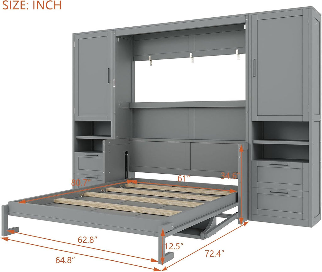 Merax Queen Size Murphy Bed with Desk, Multifunctional Foldable Wall Bed with Closet, Drawers and Shelves, Space-Saving Wood Platform Bed Frame for Small Spaces Studio Study Office Guest Room, Gray