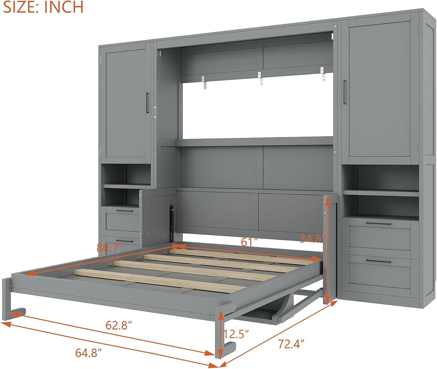 Merax Queen Size Murphy Bed with Desk, Multifunctional Foldable Wall Bed with Closet, Drawers and Shelves, Space-Saving Wood Platform Bed Frame for Small Spaces Studio Study Office Guest Room, Gray