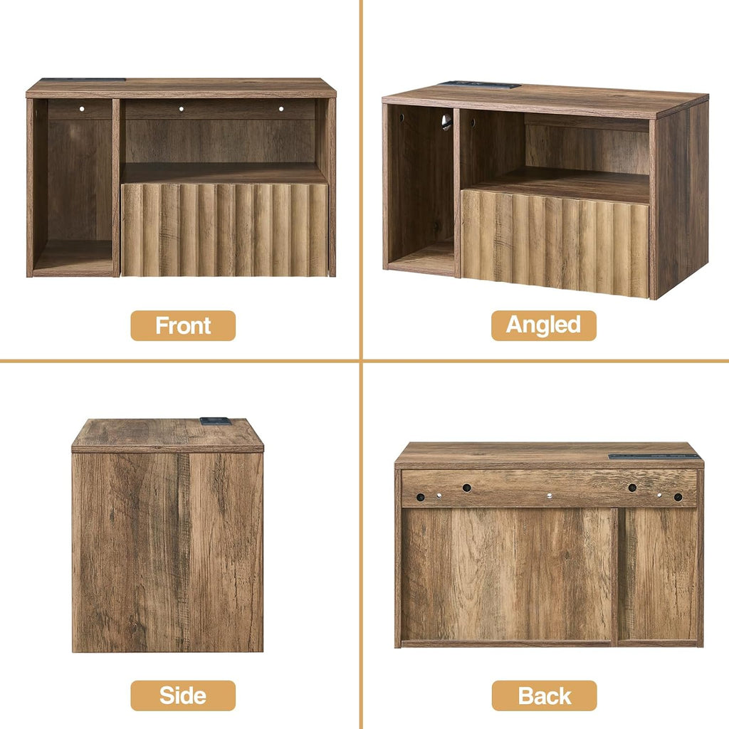 BuildHom Floating Nightstand with Charging Station - Modern Rustic Brown Fluted Bedside Table with Drawer, USB Ports & Outlets (Set of 2)