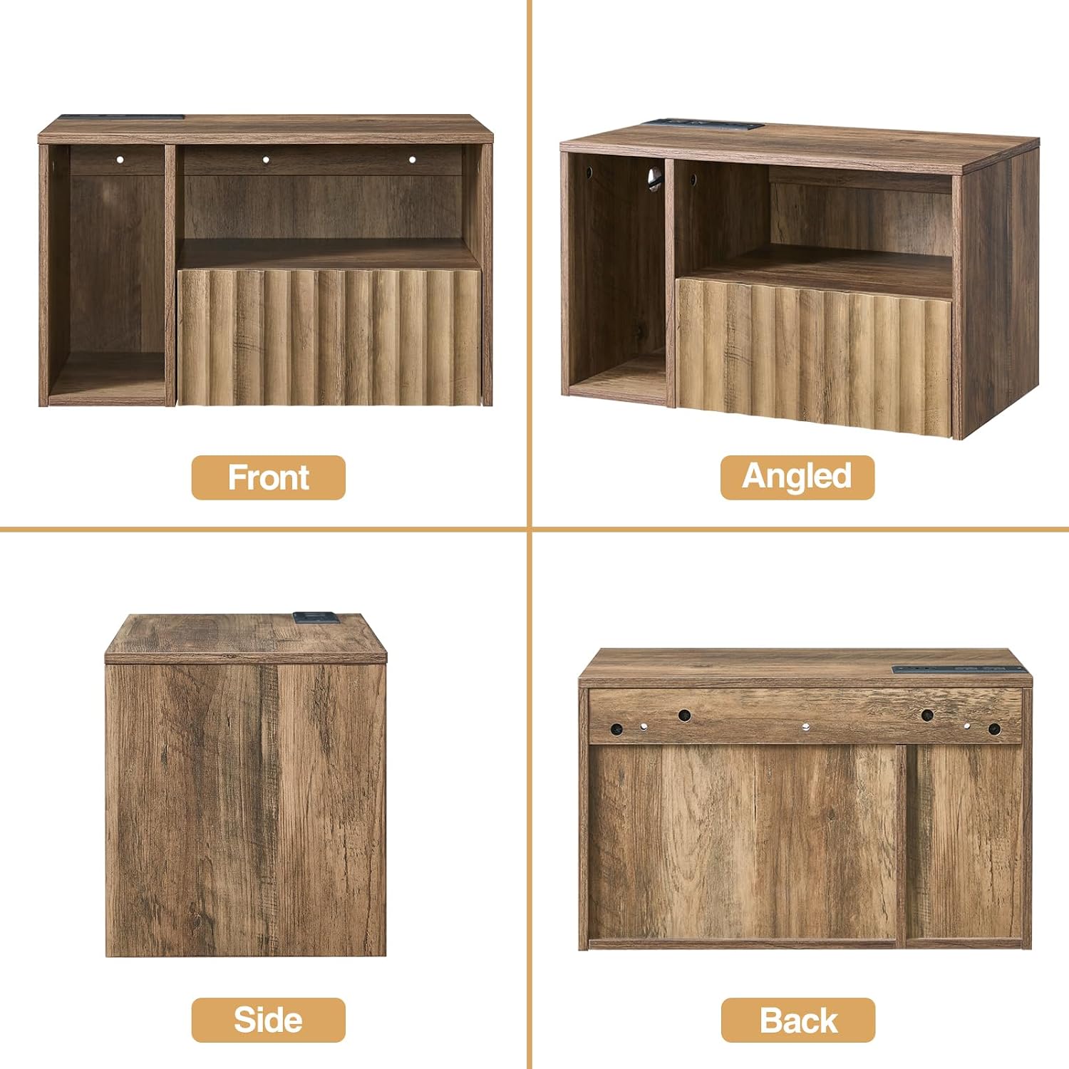 BuildHom Floating Nightstand with Charging Station - Modern Rustic Brown Fluted Bedside Table with Drawer, USB Ports & Outlets (Set of 2)