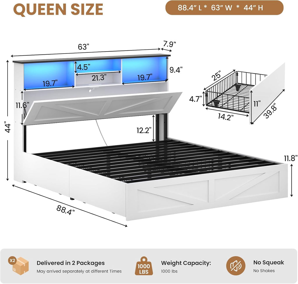 AOGLLATI Queen Bed Frame with Storage Bookcase Headboard and 4 Drawers,Wooden Farmhouse Led Bed Frame Queen Size with Charging Station & Metal Slats,White