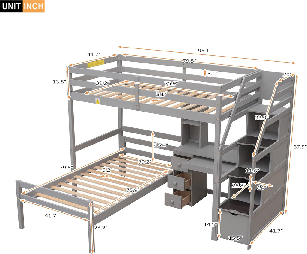 Harper & Bright Designs Twin Over Twin Bunk Bed with Desk, Heavy Duty Wood Loft Bedframe W/Shelves,Easy Assembly,Versatile Functional Bedroom Furniture Set for Boy Girl Teens,Gray