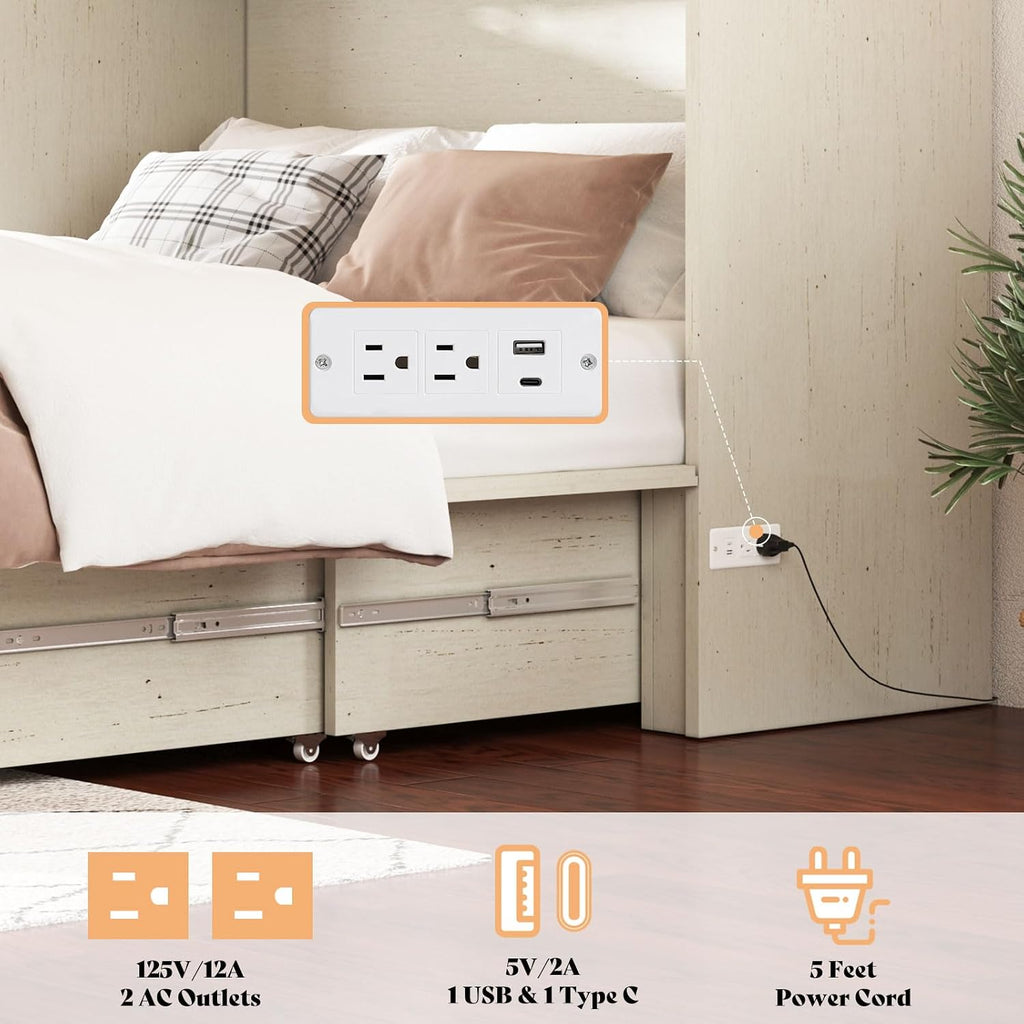 AMERLIFE Full Murphy Bed with Storage & Charging Station, Farmhouse Murphy Cabinet with Foldable Panel, Noisy Free, for Guest Bedroom, Living Room, Office, Distressed White