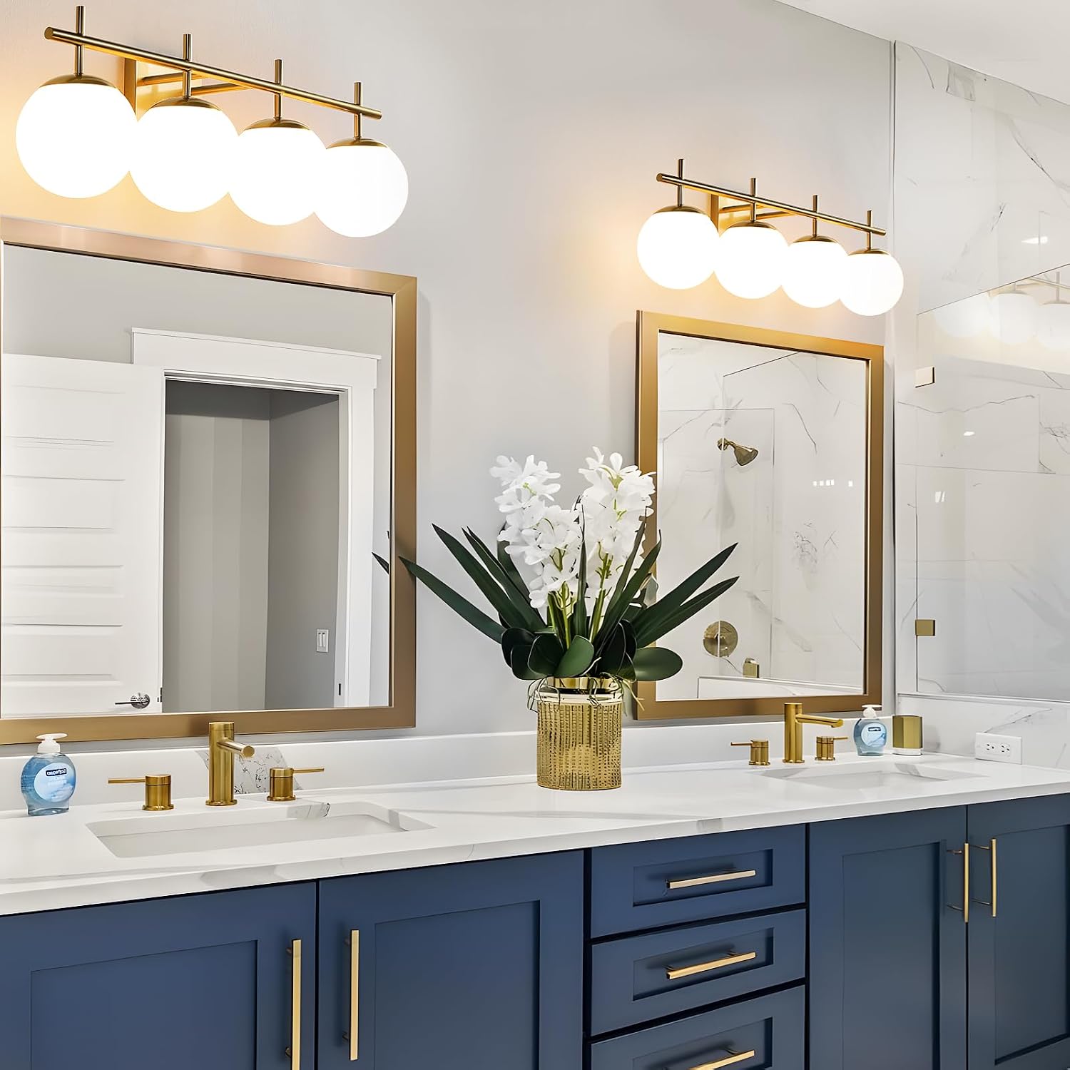 AIJIASI Bathroom Light Fixtures, 4-Light Brushed Gold Bathroom Vanity Lights Over Mirror, 30.7 Inch Modern Vanity Lighting with Milky White Glass Globe Shade Wall Sconce Lighting Bath