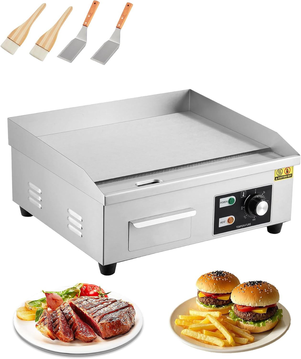 18 Inch Commercial Electric Griddle, 1600W Stainless Steel Flat Top Grill with 122-572°F Adjustable Temp, 2 Shovels, 2 Brushes, Indoor Countertop BBQ Teppanyaki Grill for Home Restaurants