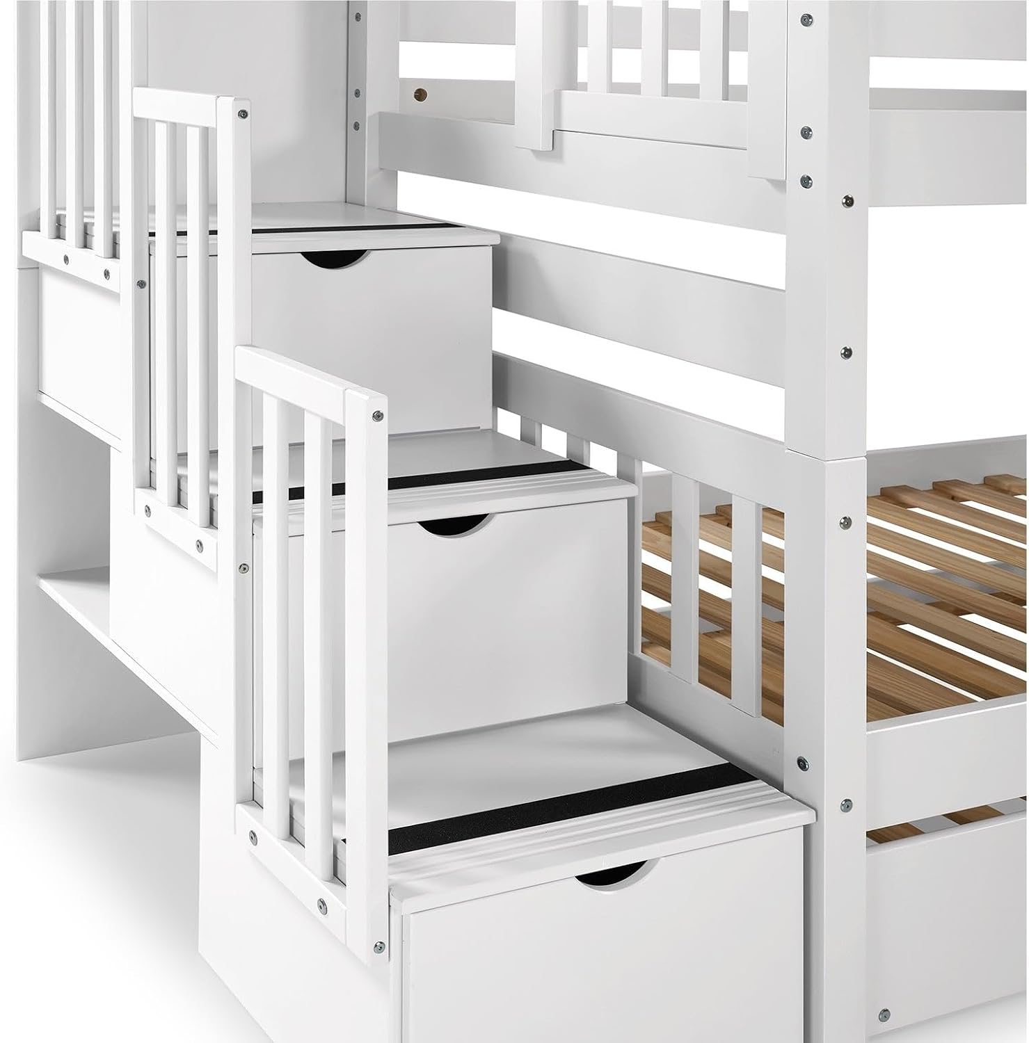 Bedz King Stairway Bunk Beds Twin Over Twin, 3 Step Drawers, 2 Storage Drawers, White