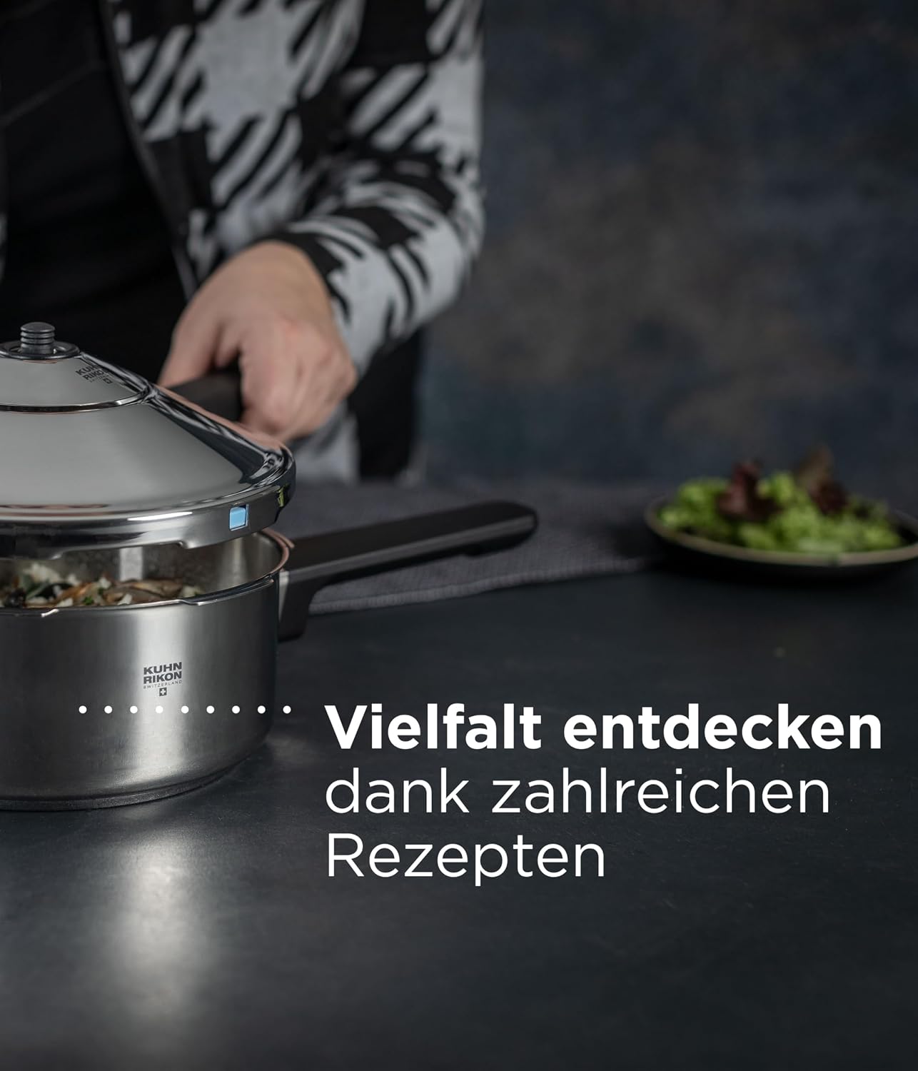 Kuhn Rikon DUROMATIC® Pressure Cooker 11' 8.45 qt family of 6 wide base for better braising, Stainless