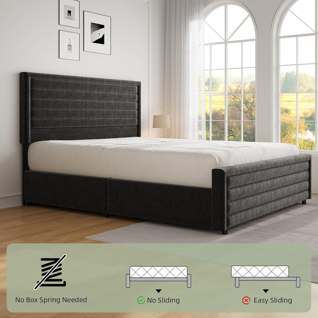 REVOMINCA King Size Bed Frame, King Platform Bed Frame with Velvet Upholstered Headboard, No Box Spring Needed, Easy Assembly, Black