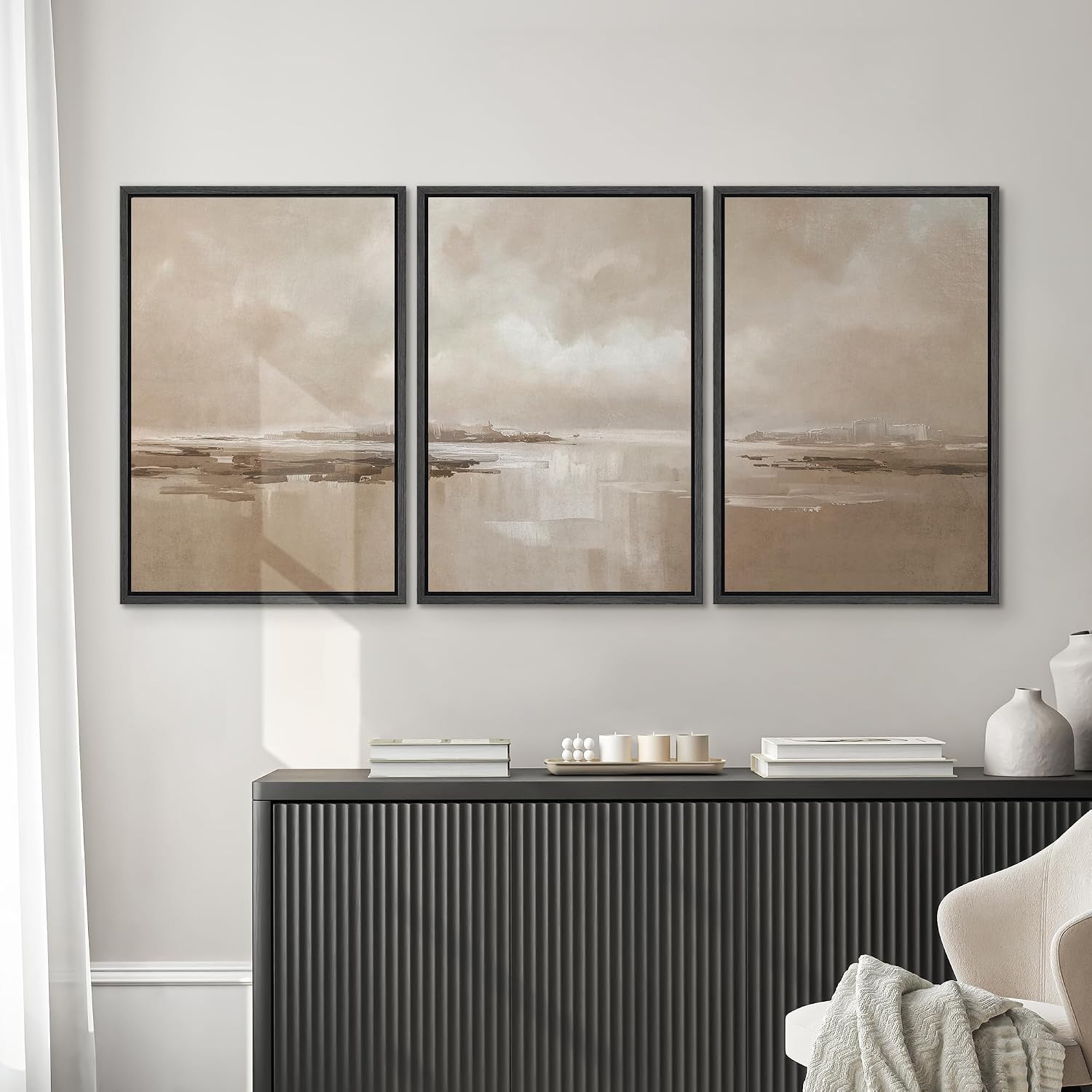 SIGNWIN Framed Canvas Print Wall Art Set Soft Coastal Landscape Neutral Beige Seascape Illustrations Modern Art Decorative Scenic Rustic for Living Room, Bedroom, Office - 24'x36'x3 Black