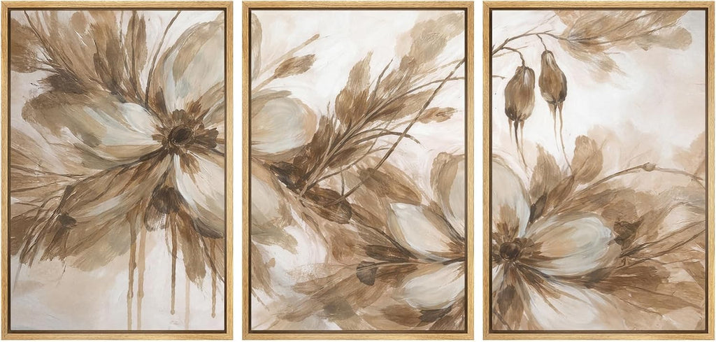 SIGNWIN Framed Canvas Print Wall Art Set Neutral Botanical Flowers Sepia Tone Floral Illustrations Modern Art Decorative Scenic Rustic for Living Room, Bedroom, Office - 16'x24'x3 Natural