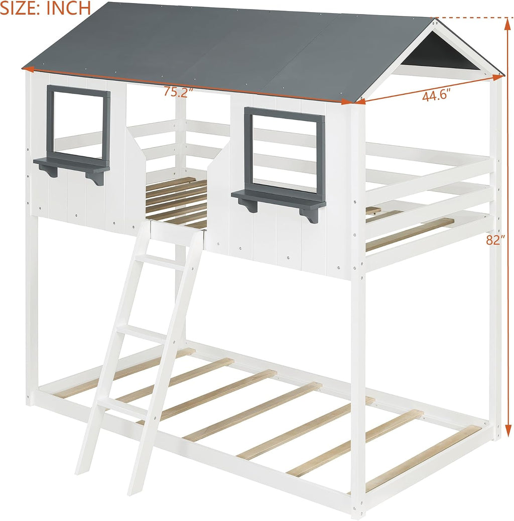 Polibi Twin Over Twin Low Bunk Bed, Wooden House Bed with Roof, 2 Front Windows, 2 Small Shelves, Ladder and Guardrail, White