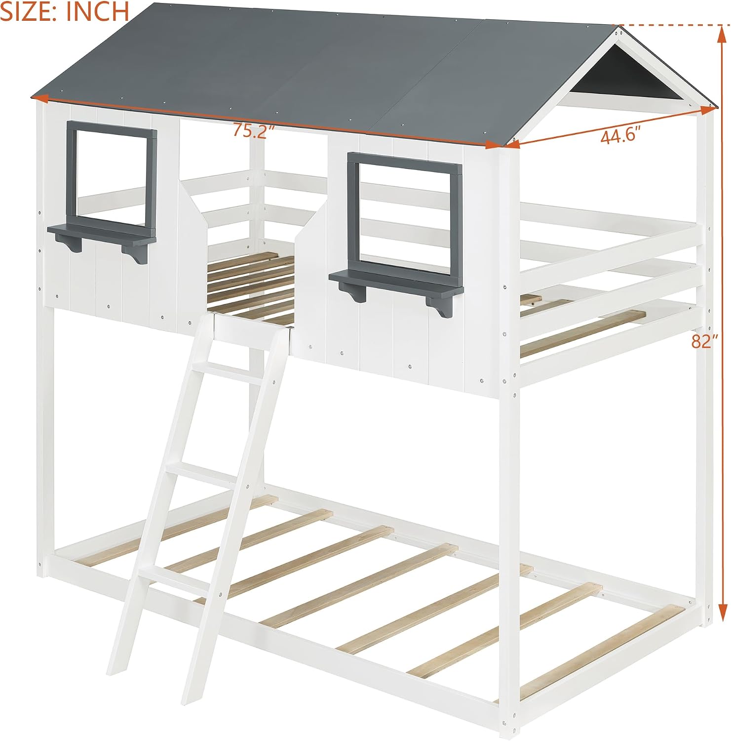 Polibi Twin Over Twin Low Bunk Bed, Wooden House Bed with Roof, 2 Front Windows, 2 Small Shelves, Ladder and Guardrail, White
