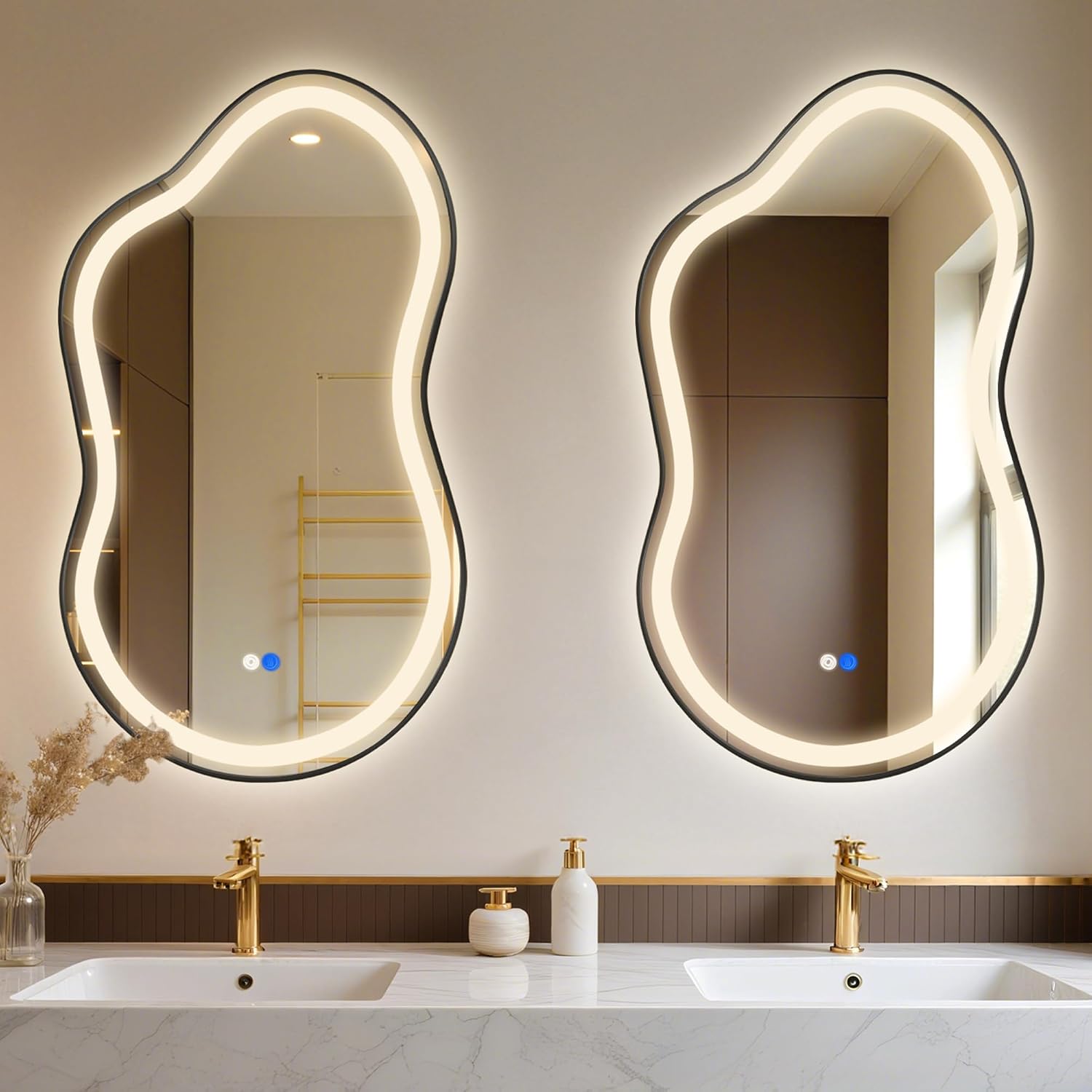 Irregular LED Bathroom Mirror with Lights, Cloud Smart Backlit Mirror, Dimmable Lighted Bathroom Mirror with Anti-Fog, Asymmetrical Vanity Mirror Hangable 2 Ways (Black, 24' x 36', 2 Pack)