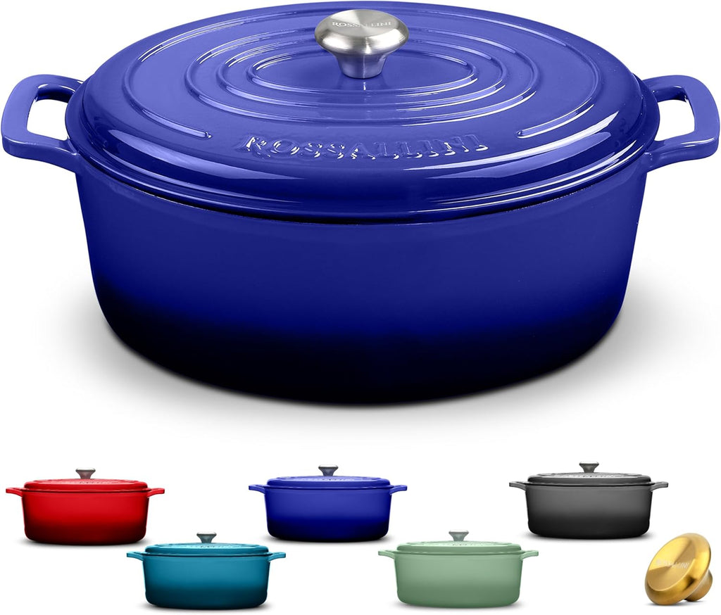 ROSSALLINI Signature Enameled Cast Iron Oval Dutch Oven | Non-Stick Serving Pot with Tight Fitting Lid for Perfect Roasting, Baking, Sauteing, and Bread Making | 9.5Q [Indigo Blue]