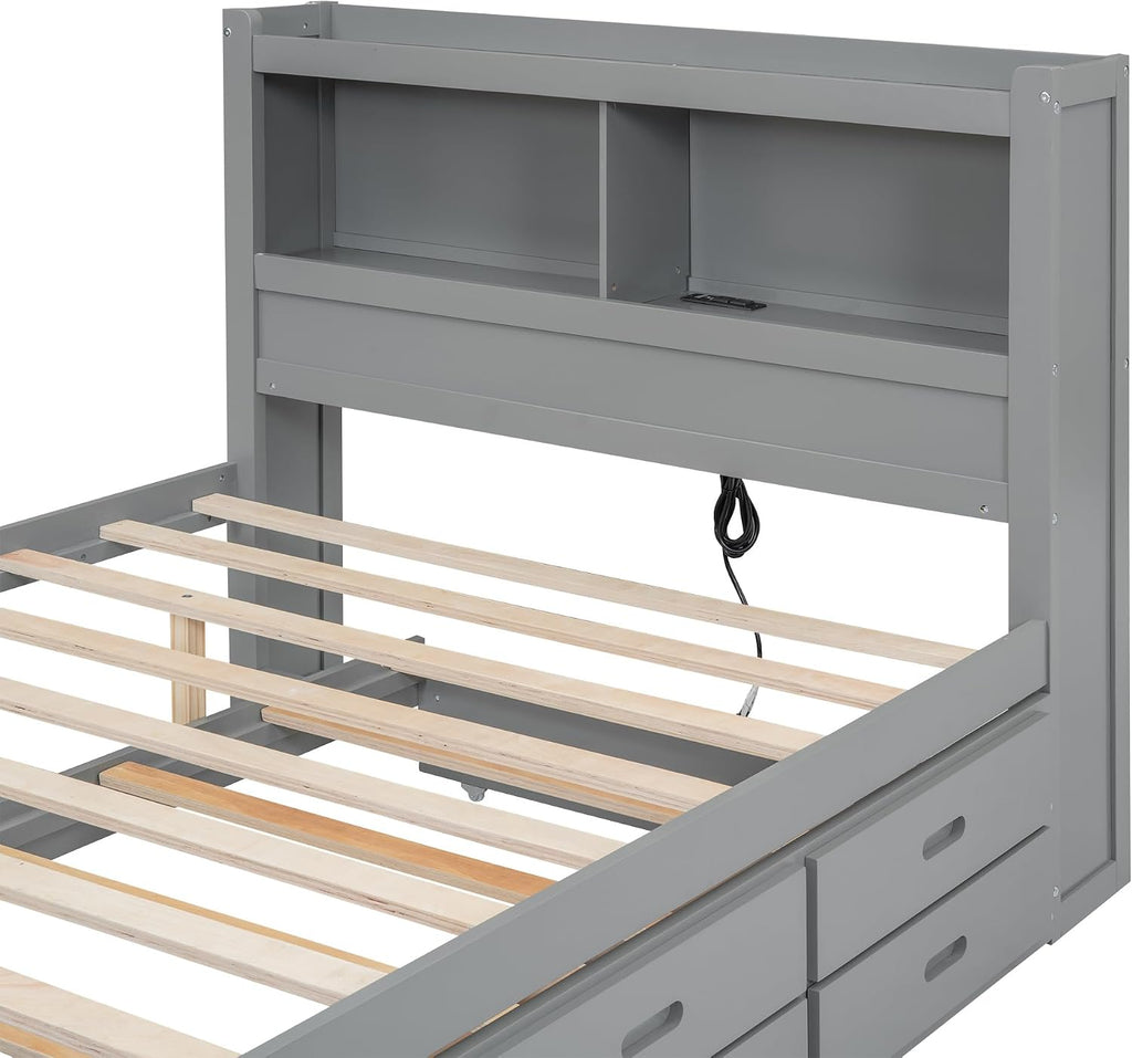 SOFTSEA Full Size Bed Frame with Storage Headboard Wood Platform Bed with Trundle and USB Plugs