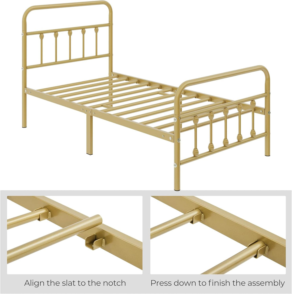 Yaheetech 2Pcs Twin Size Metal Platform Bed Frame with Victorian Style Iron-Art Headboard/Footboard/Under Bed Storage/No Box Spring Needed Antique Gold