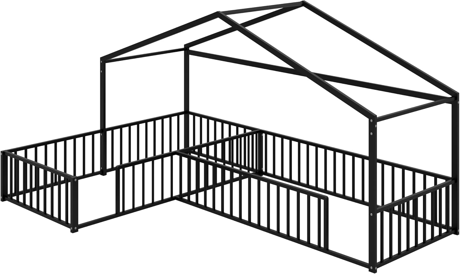 Double Twin Size L-Shaped Montessori Floor Bed Without Slats, Metal Corner House Bed Frame with Fence, Black