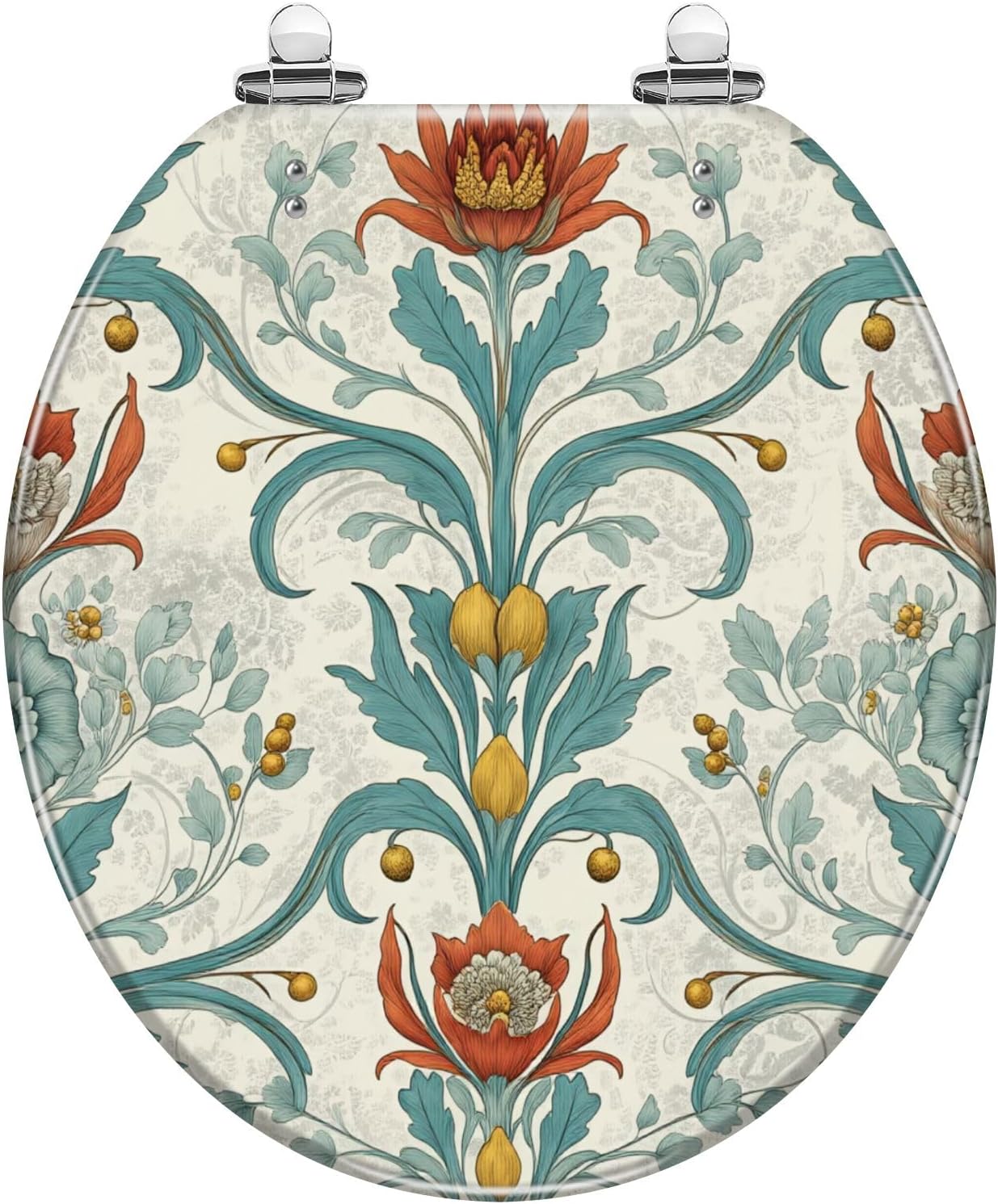 Round Toilet Seat Floral Vibrant Red Teal Yellow Motifs Victorian Vintage Resin Toilet Seat with Quietly Close Quick Release Hinges Decorative Toilet Seat with Cover Easy to Clean and Install