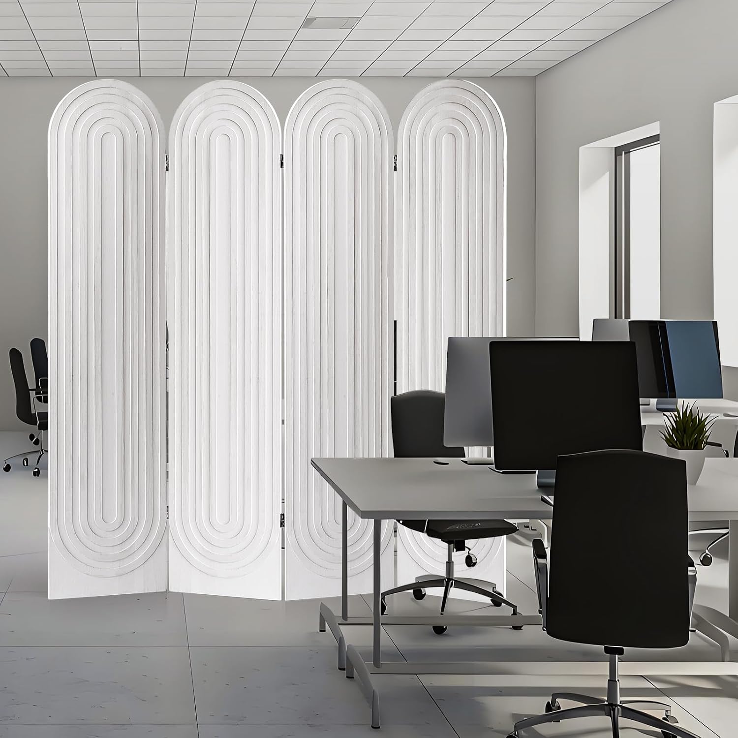4 Panel Room Divider and Folding Privacy Screen, Foldable Wood Arched Room Divider Wall, Portable Partition Screen, Room Partition Divider for Room Separation for Home Office Bedroom, White