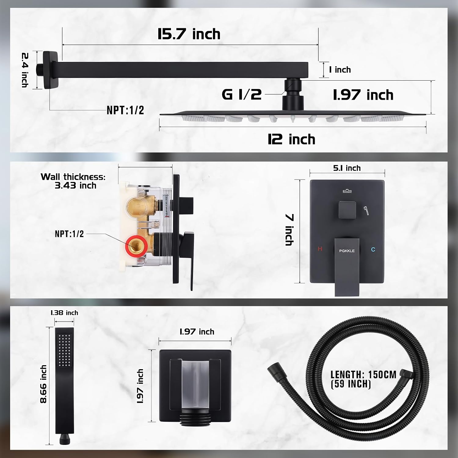 12 Inch Rainfall Shower System - Wall Mounted Complete Combo with Solid Brass Pressure Balancing Valve, High Pressure Shower Head, Handle Set & Installation Accessories Matte Black