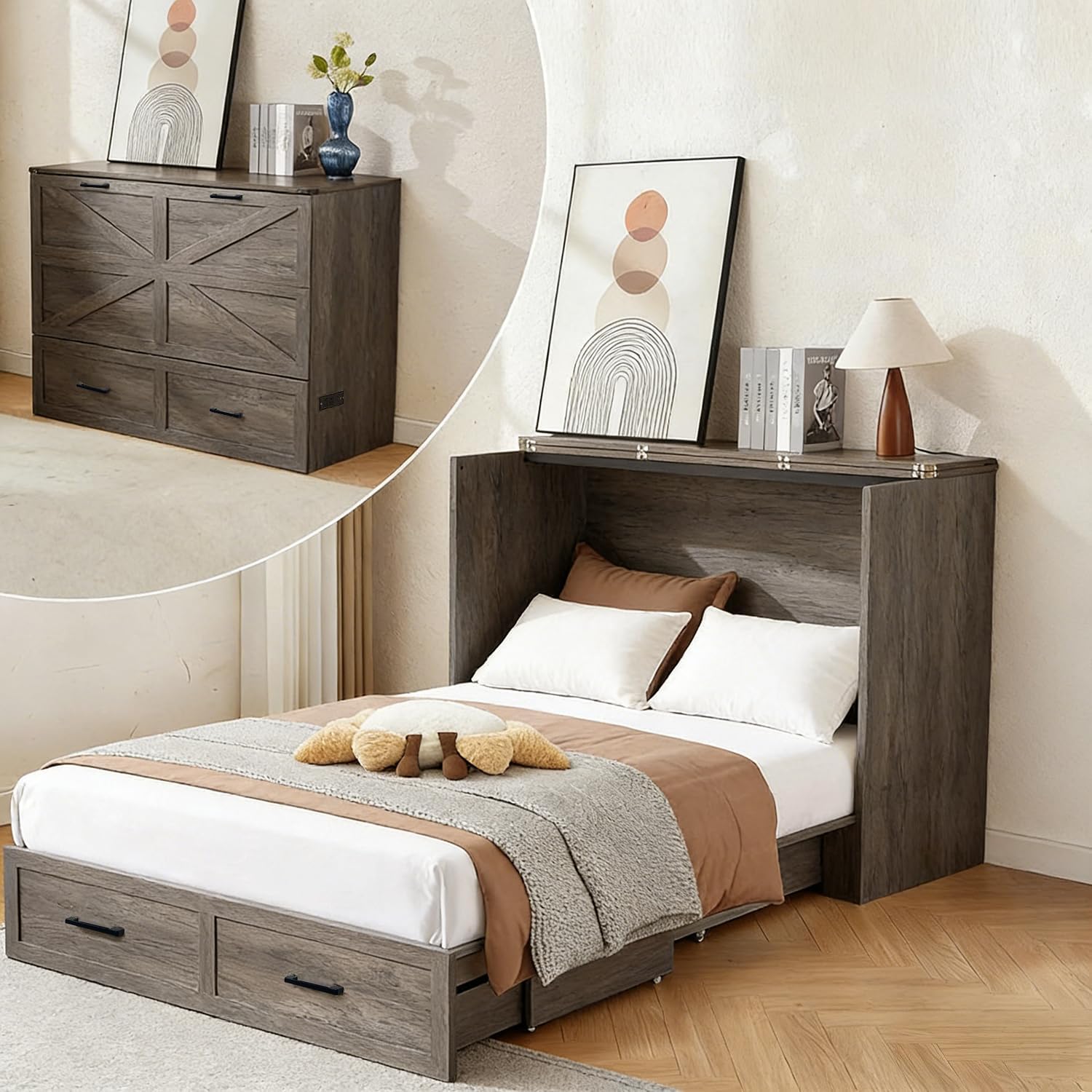 Full Murphy Bed Cabinet with Charging Station and Storage, Farmhouse Foldable Platform Bed for Guest Bedroom,Home Office Bed Frame with Storage,Rustic Grey (Full Size)