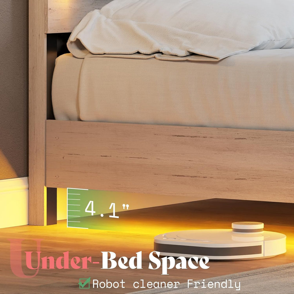 AMERLIFE Full Bed Frame, Farmhouse Floating Bed Frame with Recline Headboard, Platform Bed with LED Light, No Box Spring Needed/Noise Free, Distressed White