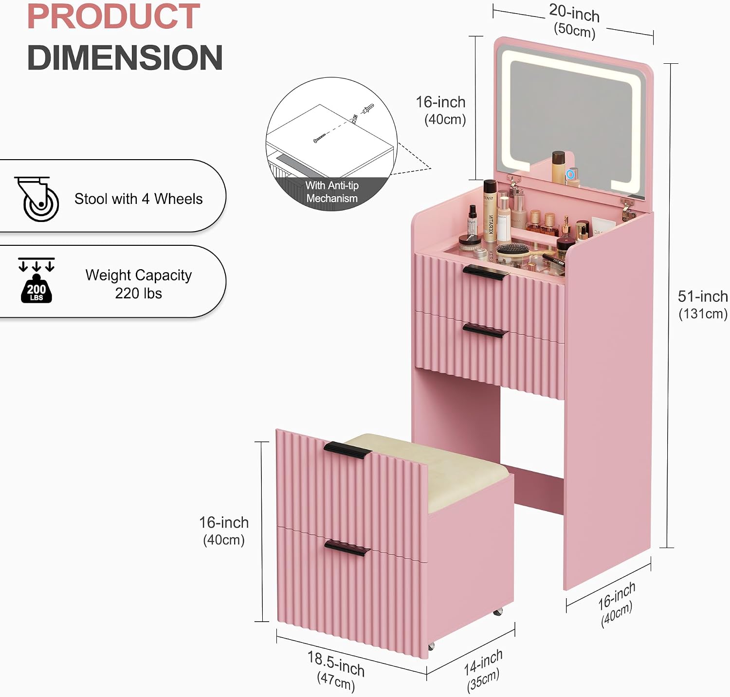 Lvifur 3 in 1 Small Vanity Desk with Plip Top Mirror,Makeup Vanity Set with Visible Glass Desktop,Compact Vanity with 3 Drawers,Storage Compartment and Padded Stool,Dressing Table for Bedroom,Pink