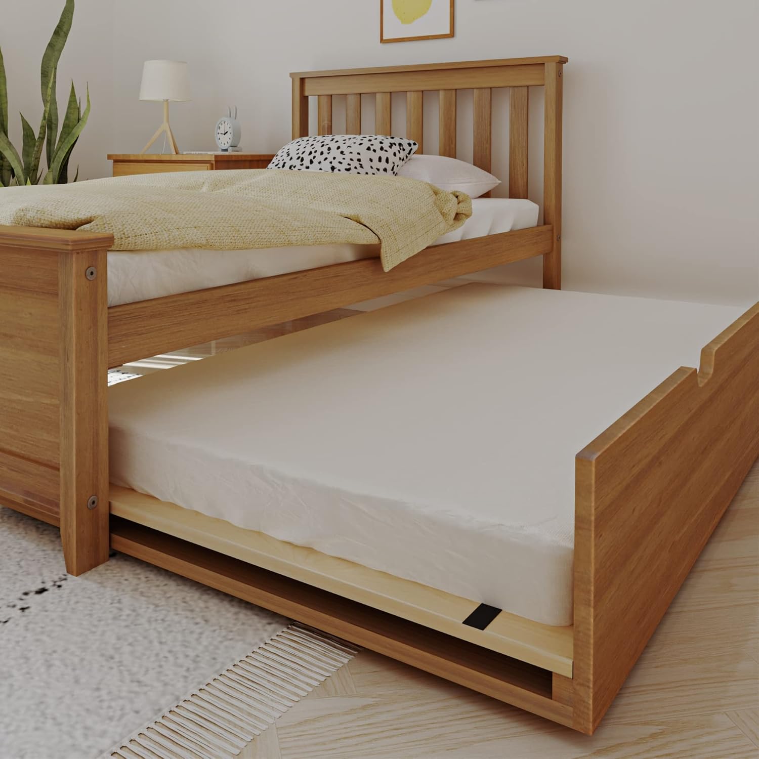 Max & Lily Classic Twin Bed, Slatted Headboard, with Trundle, Pecan