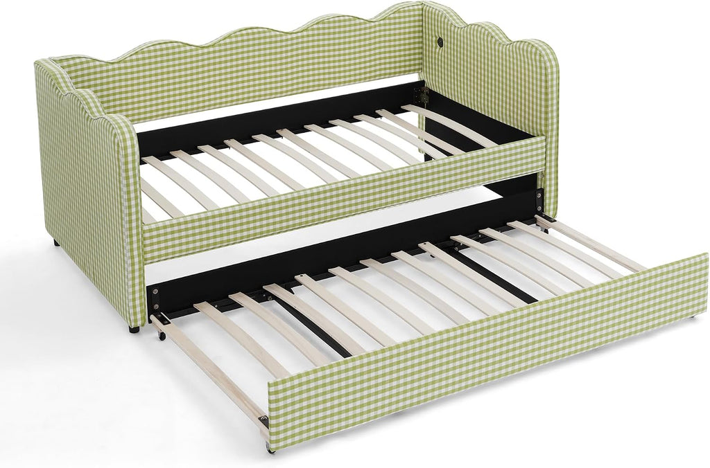 DEINPPA Twin Size Upholstered Daybed with Trundle, Gingham Daybed with USB Ports for Bedroom Living Room Guest Room-Green