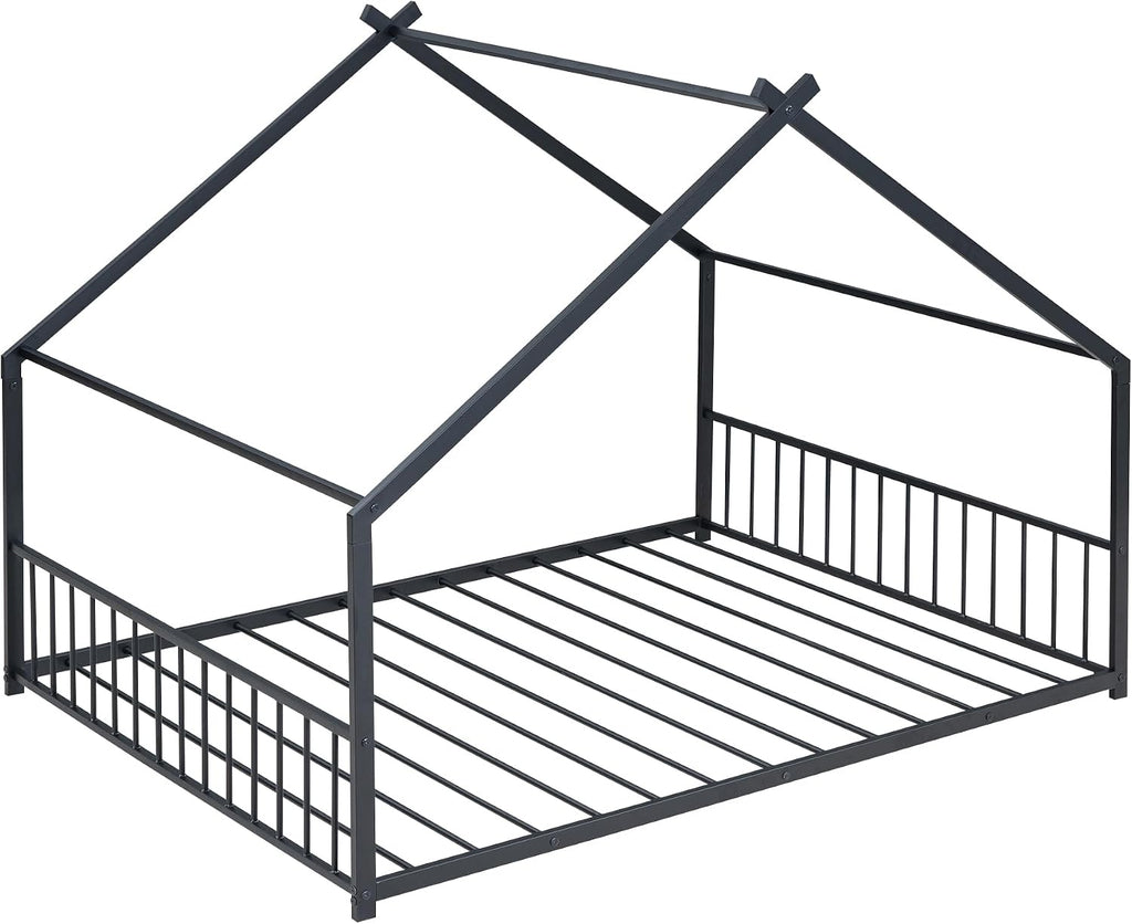 Bellemave Full Floor BedFrame with Slats for Kids, Metal Montessori Floor Beds, Full House Bed for Kids, Black with roof
