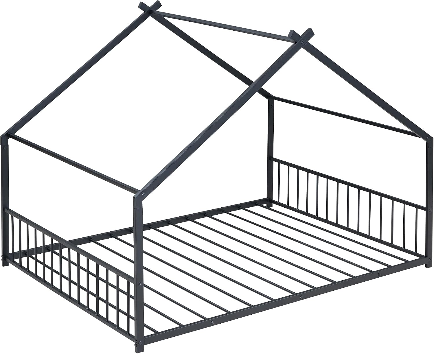 Bellemave Full Floor BedFrame with Slats for Kids, Metal Montessori Floor Beds, Full House Bed for Kids, Black with roof