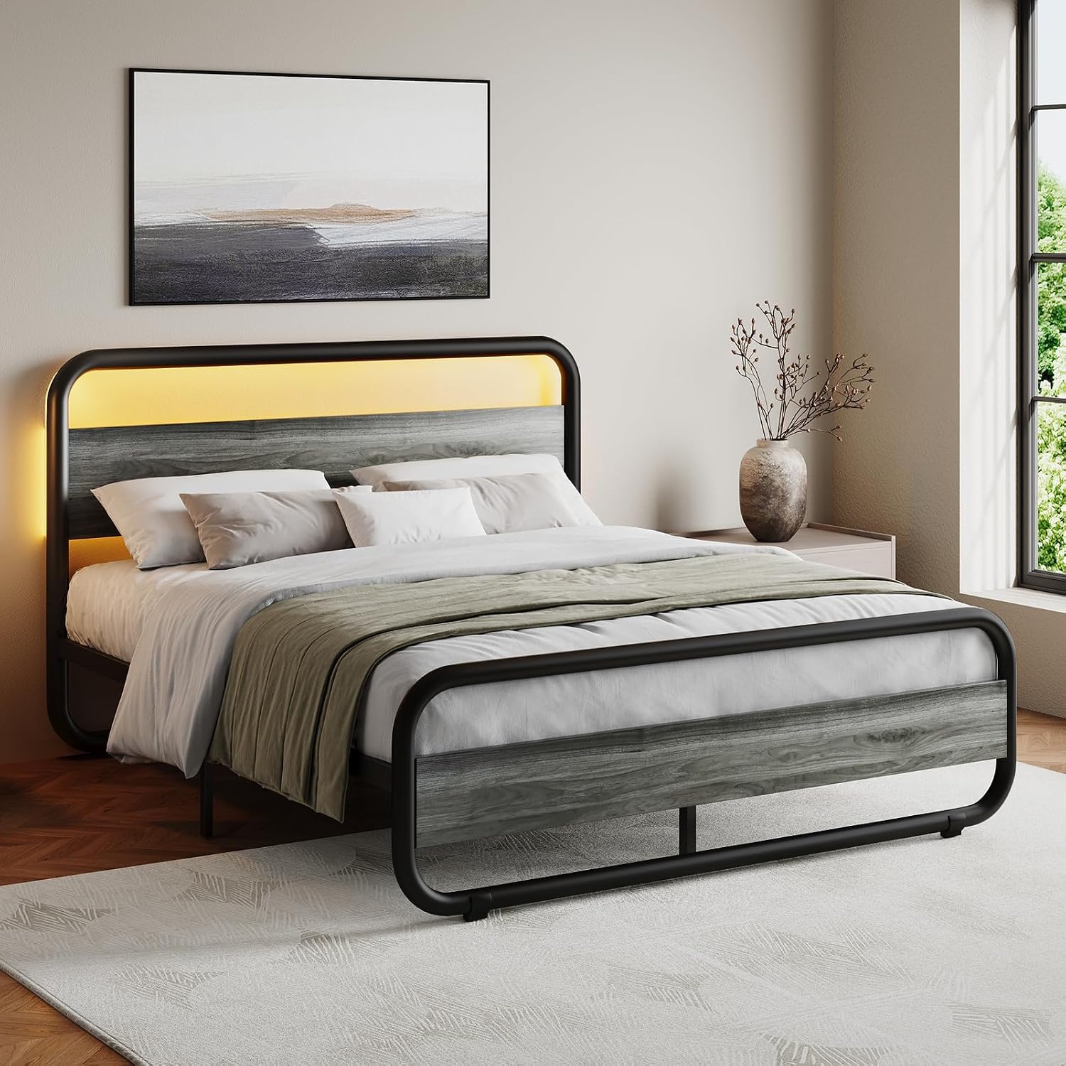 Catrimown Full Size Bed Frame with LED Lights, Heavy Duty Metal Rustic Platform Bed Frame Full Size with Wood Headboard, Noise Free, No Box Spring Needed,Wash Gray
