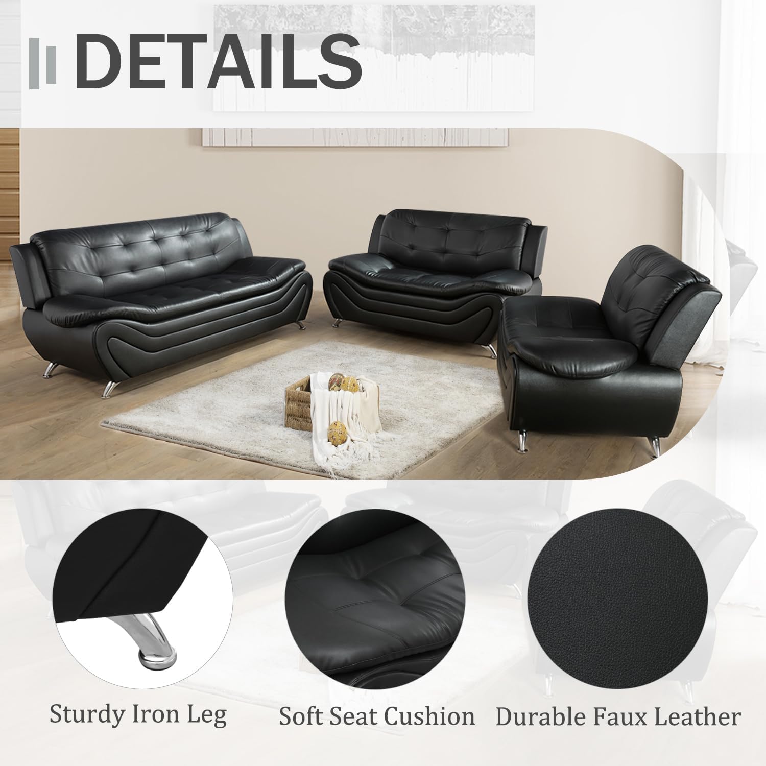 Contemporary Living Room Furniture Set, Faux Leather Sofa Set for Living Room/House/Bedroom/Office/Apartment (Black-A, Full Set(3PCS)), F45&F46