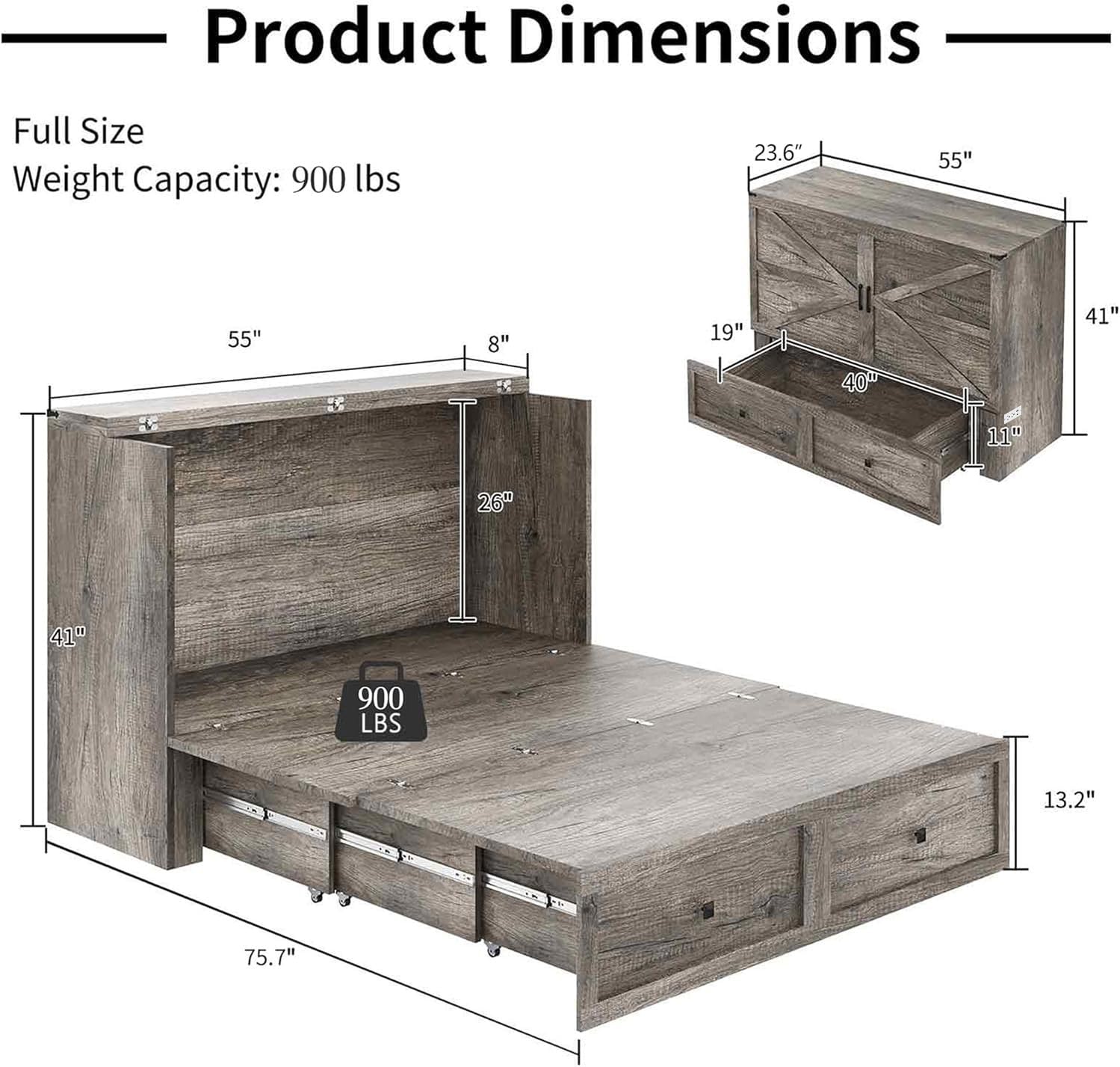 LUXOAK Full Murphy Bed Cabinet with Charging Station, Foldable Platform Bed Frame with Drawer, Space-Saving Guest Bed for Home Office or Small Spaces, Rustic Grey
